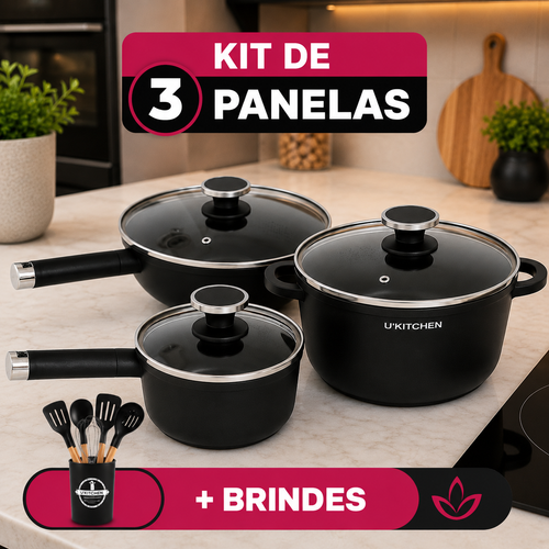 Conjunto Completo de 3 Panelas em Aço Inox Antiderrapante com Cabo de Madeira + BRINDE: Kit de Utensílios de Cozinha