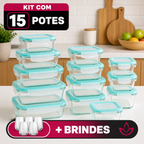Kit com 15 Potes Herméticos de Vidro + 10 Copos de Vidro [ÚLTIMAS UNIDADES EM ESTOQUE!]