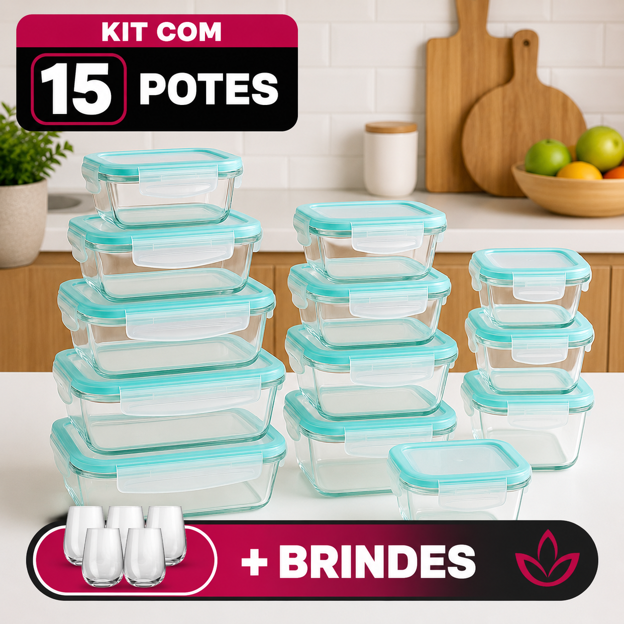 Kit com 15 Potes Herméticos de Vidro + 10 Copos de Vidro [ÚLTIMAS UNIDADES EM ESTOQUE!]