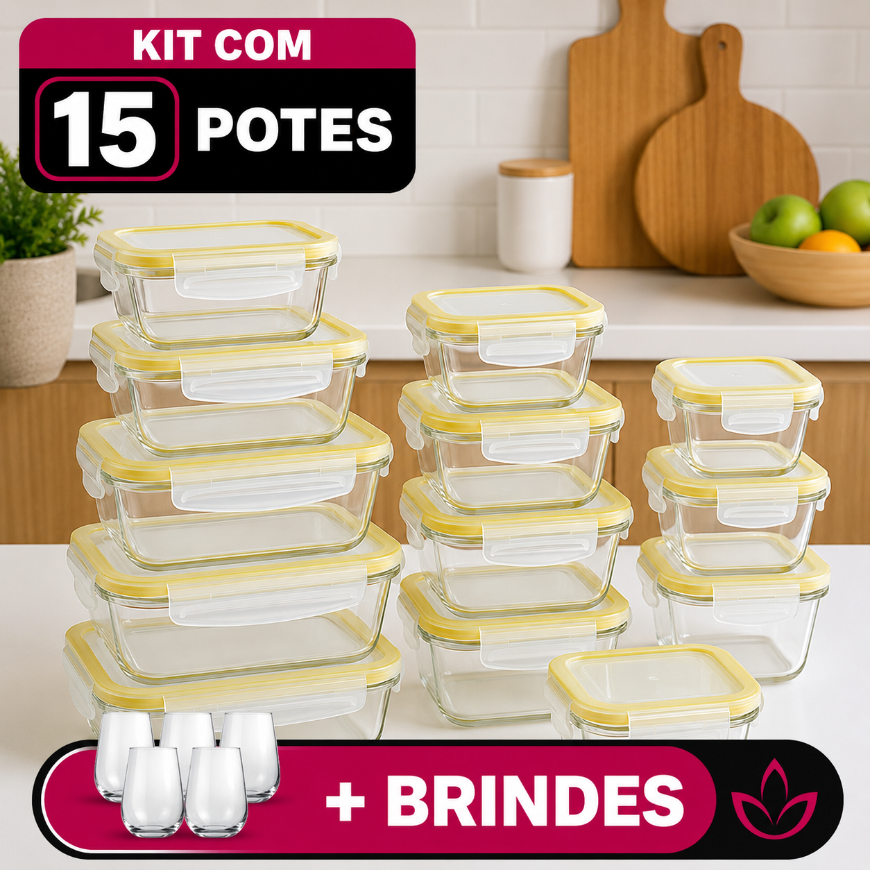 Kit com 15 Potes Herméticos de Vidro + 10 Copos de Vidro [ÚLTIMAS UNIDADES EM ESTOQUE!]