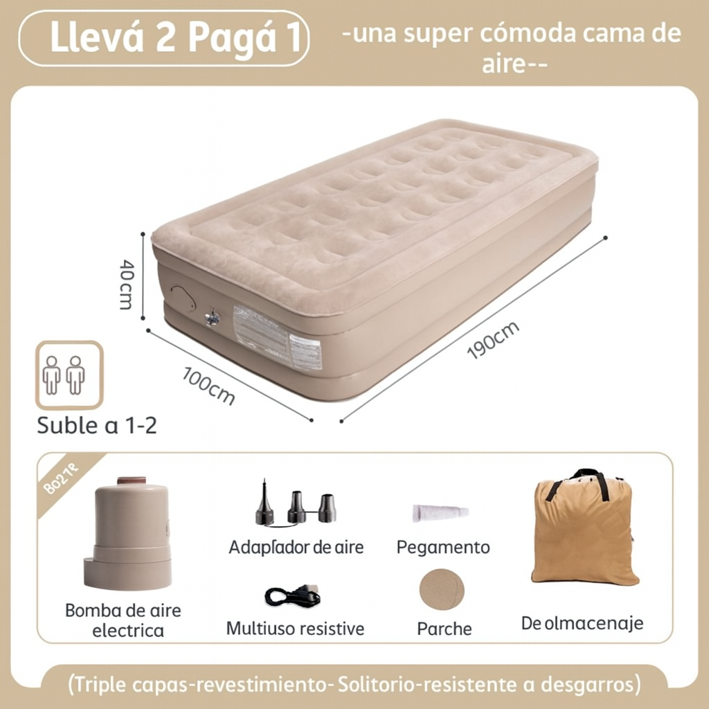 [Llevá 2 Pagá 1] Colchón Portátil de Una Plaza con Triple Revestimiento y Antidesgarro +REGALO: Bomba de Aire Eléctrica