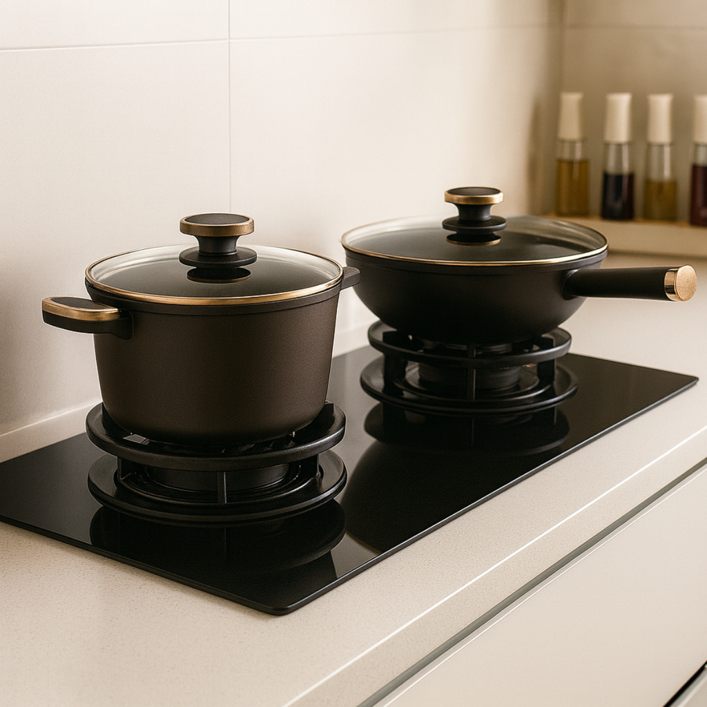 Conjunto Completo de 3 Panelas em Aço Inox Antiderrapante com Cabo de Madeira + BRINDE: Kit de Utensílios de Cozinha