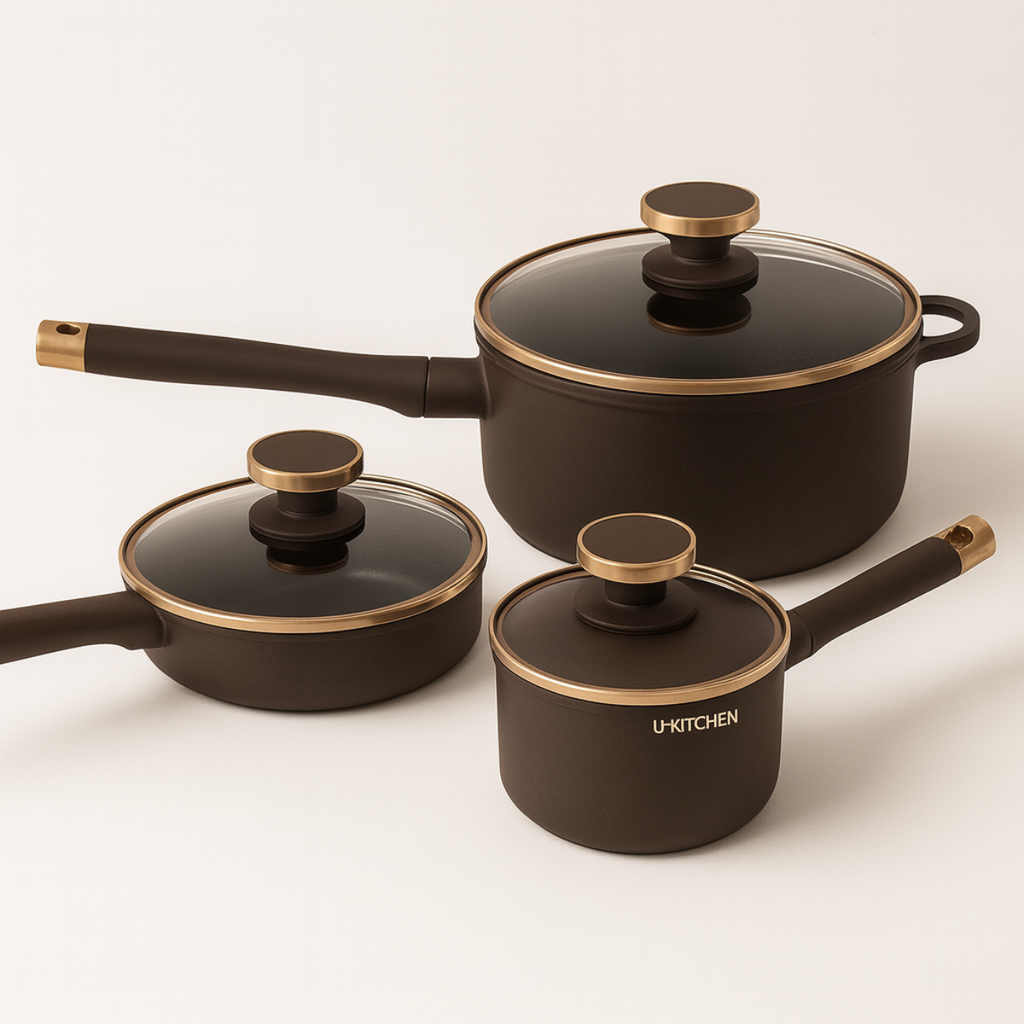 Conjunto Completo de 3 Panelas em Aço Inox Antiderrapante com Cabo de Madeira + BRINDE: Kit de Utensílios de Cozinha