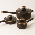 Conjunto Completo de 3 Panelas em Aço Inox Antiderrapante com Cabo de Madeira + BRINDE: Kit de Utensílios de Cozinha