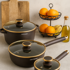 Conjunto Completo de 3 Panelas em Aço Inox Antiderrapante com Cabo de Madeira + BRINDE: Kit de Utensílios de Cozinha