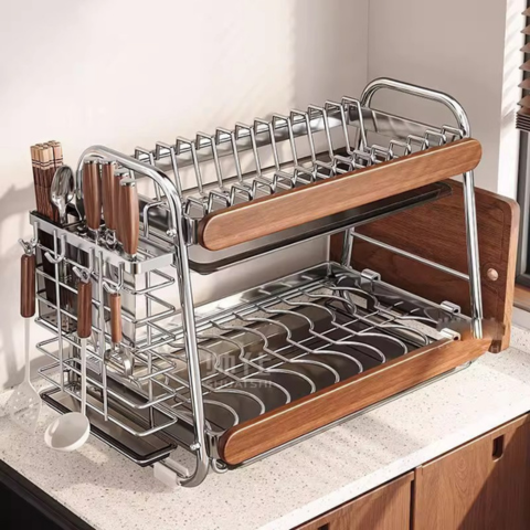 Escurridor Multifuncional de Acero Inoxidable y Madera (¡Moderno y Elegante!) +REGALO: Kit de Utensilios de Cocina