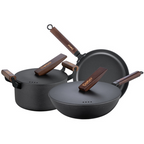 Conjunto de 2 Ollas y 1 Sartén Antiadherente en Acero Inoxidable con Mangos de Madera + REGALO: Porta Condimentos