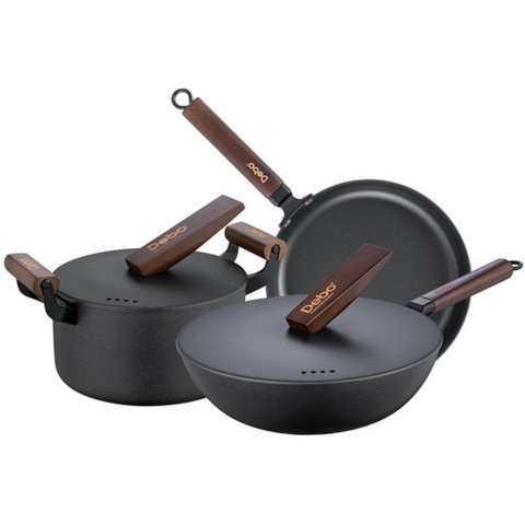 Conjunto de 2 Ollas y 1 Sartén Antiadherente en Acero Inoxidable con Mangos de Madera + REGALO: Porta Condimentos