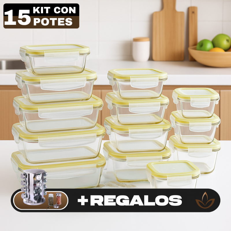 Conjunto de Recipientes Organizadores de Vidrio Templado con Tapa Antiderrame +REGALO: Porta Condimentos